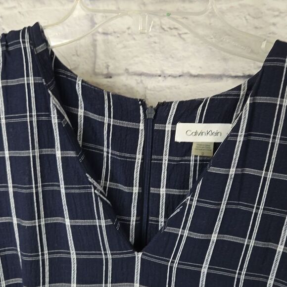 Calvin Klein Navy Belted Plaid Gauze Dress Balloon Puff Sleeves A-line CK Career - Picture 5 of 16